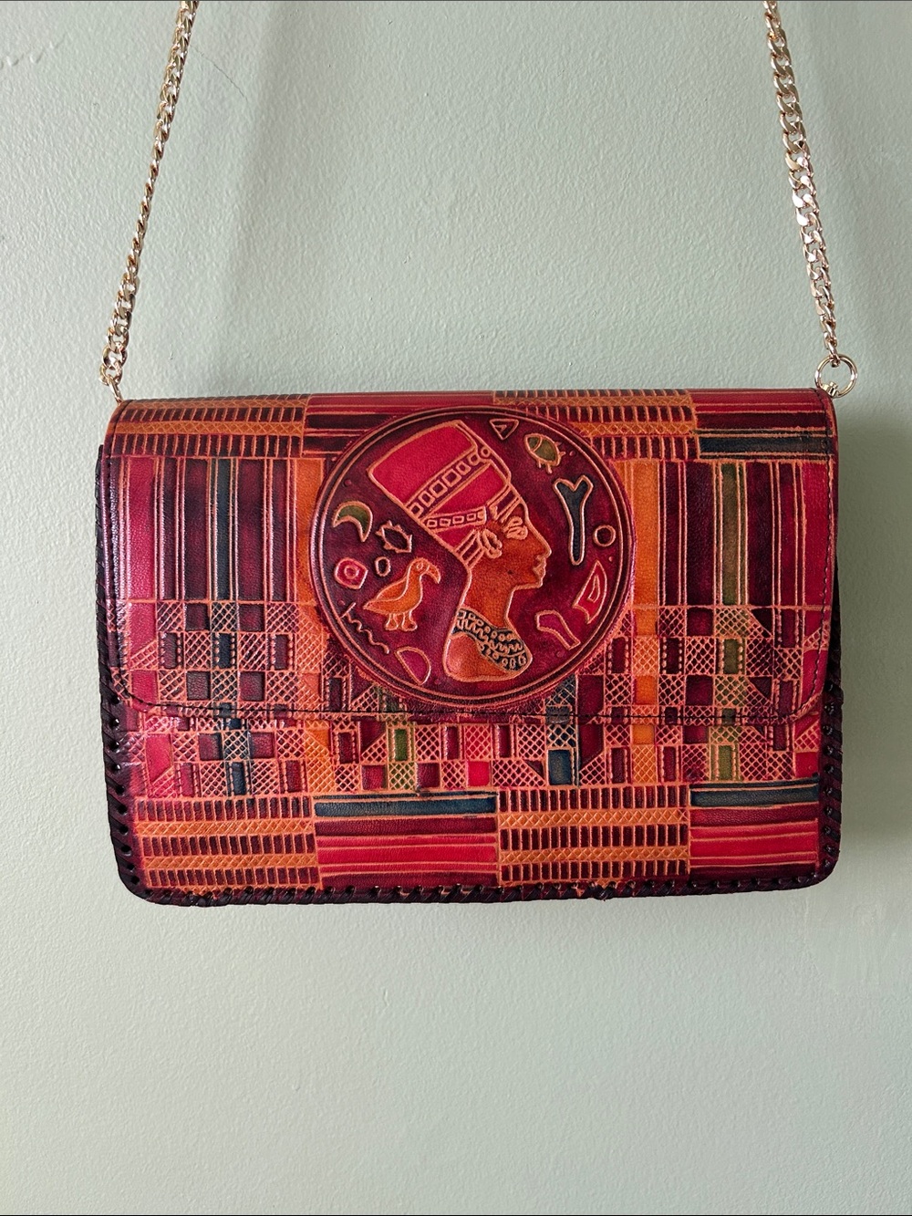 Handcrafted Red & Orange Egyptian Motif Leather Crossbody Bag
